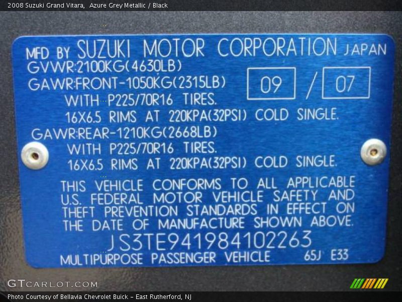 Azure Grey Metallic / Black 2008 Suzuki Grand Vitara