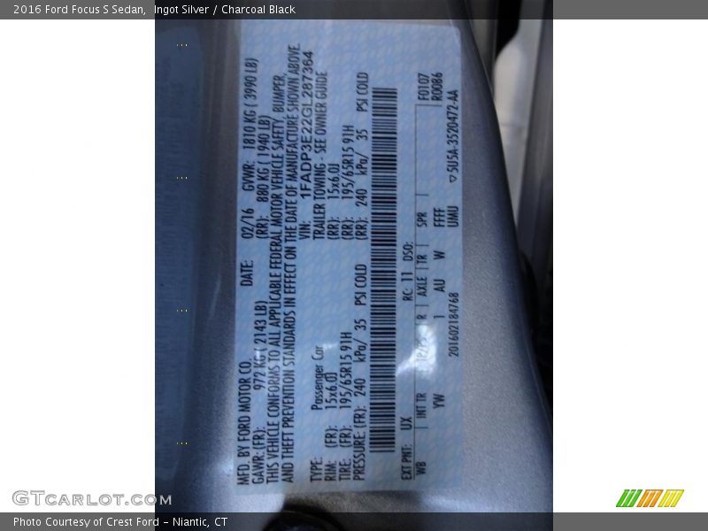 Ingot Silver / Charcoal Black 2016 Ford Focus S Sedan