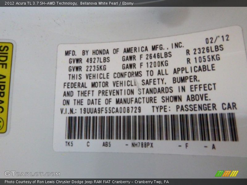Bellanova White Pearl / Ebony 2012 Acura TL 3.7 SH-AWD Technology