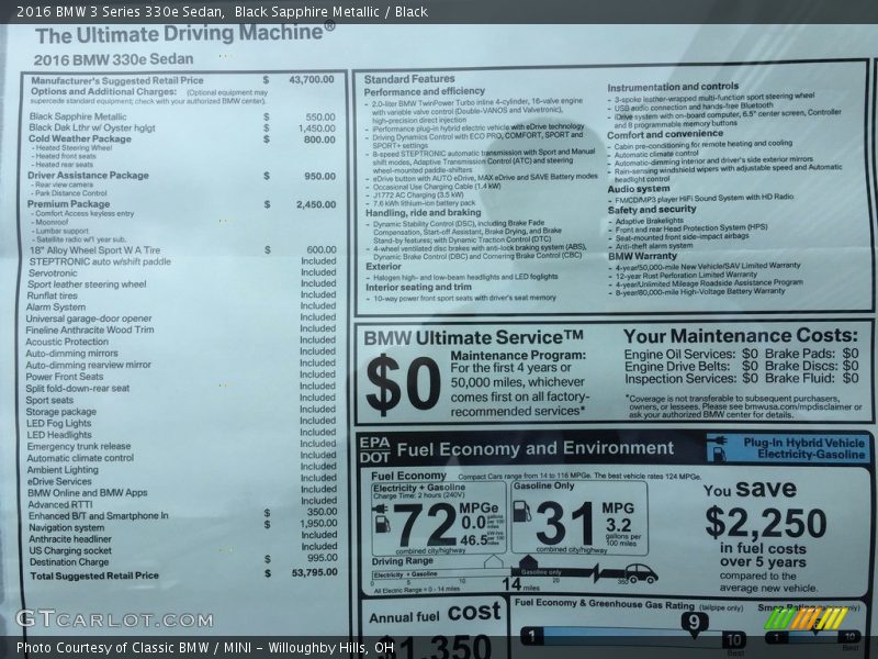  2016 3 Series 330e Sedan Window Sticker