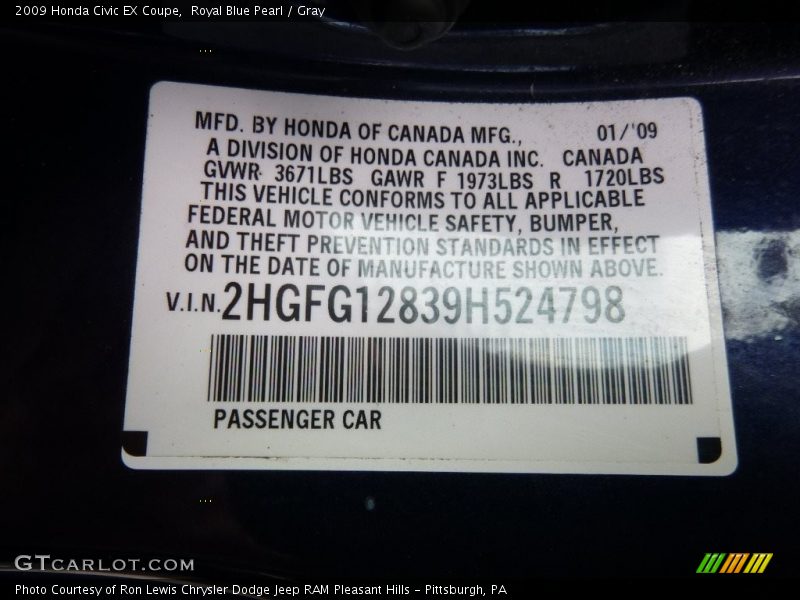 Royal Blue Pearl / Gray 2009 Honda Civic EX Coupe