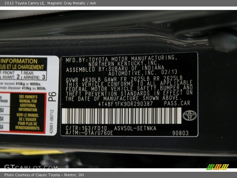 Magnetic Gray Metallic / Ash 2013 Toyota Camry LE