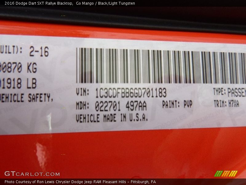 Go Mango / Black/Light Tungsten 2016 Dodge Dart SXT Rallye Blacktop