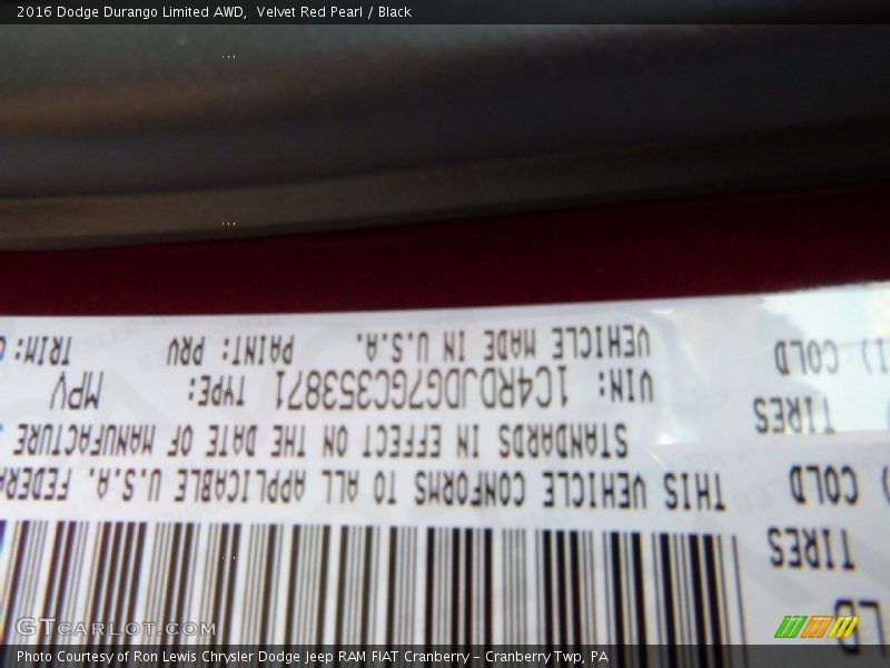 2016 Durango Limited AWD Velvet Red Pearl Color Code PRV