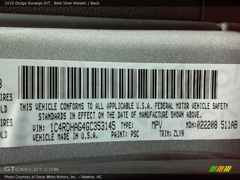 Billet Silver Metallic / Black 2016 Dodge Durango SXT