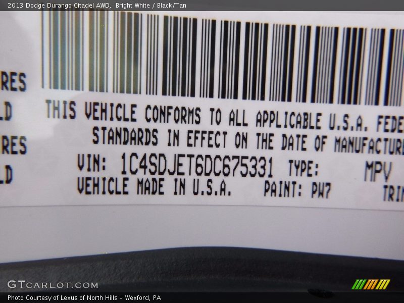 Bright White / Black/Tan 2013 Dodge Durango Citadel AWD