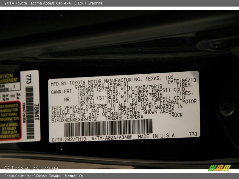 Black / Graphite 2014 Toyota Tacoma Access Cab 4x4