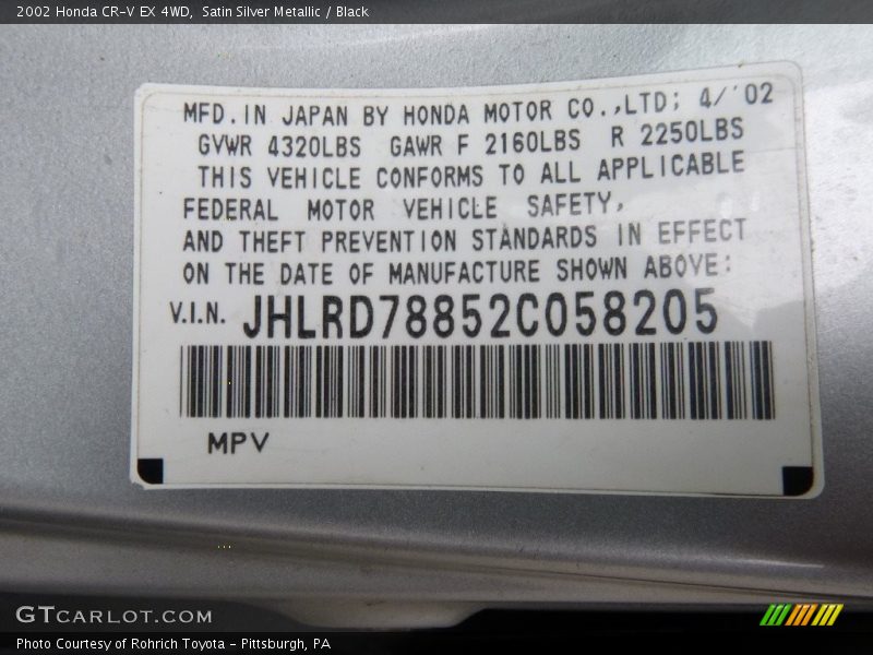 Satin Silver Metallic / Black 2002 Honda CR-V EX 4WD