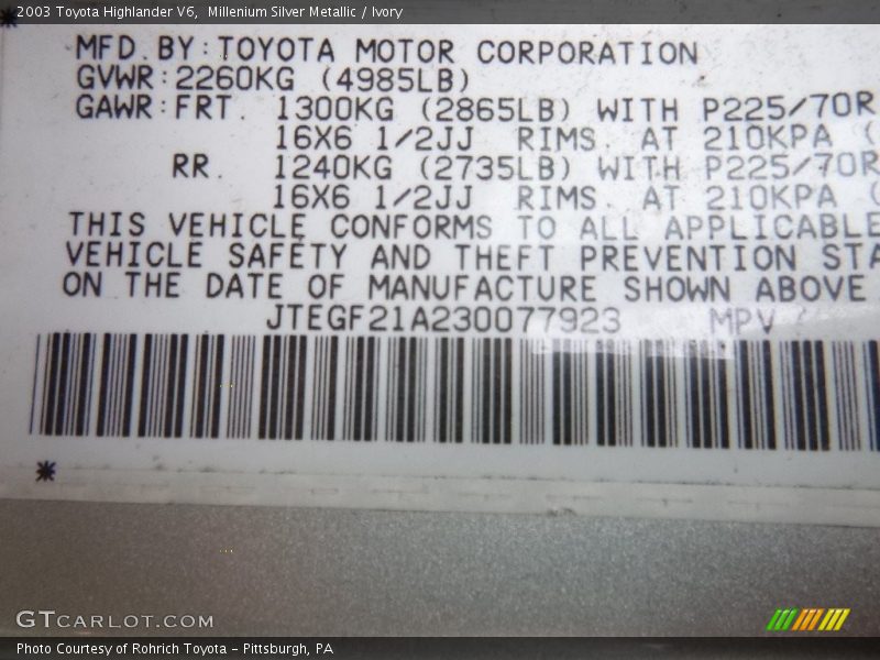 Millenium Silver Metallic / Ivory 2003 Toyota Highlander V6