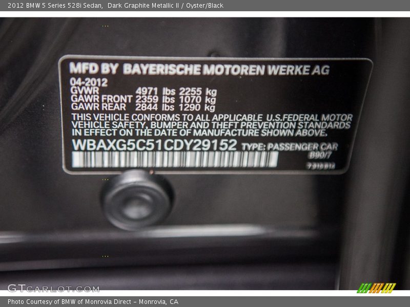 Dark Graphite Metallic II / Oyster/Black 2012 BMW 5 Series 528i Sedan