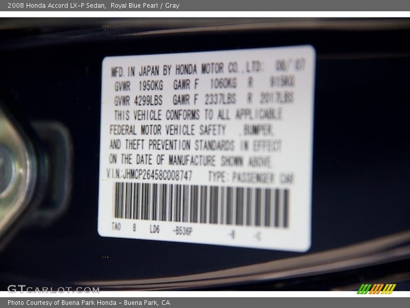Royal Blue Pearl / Gray 2008 Honda Accord LX-P Sedan