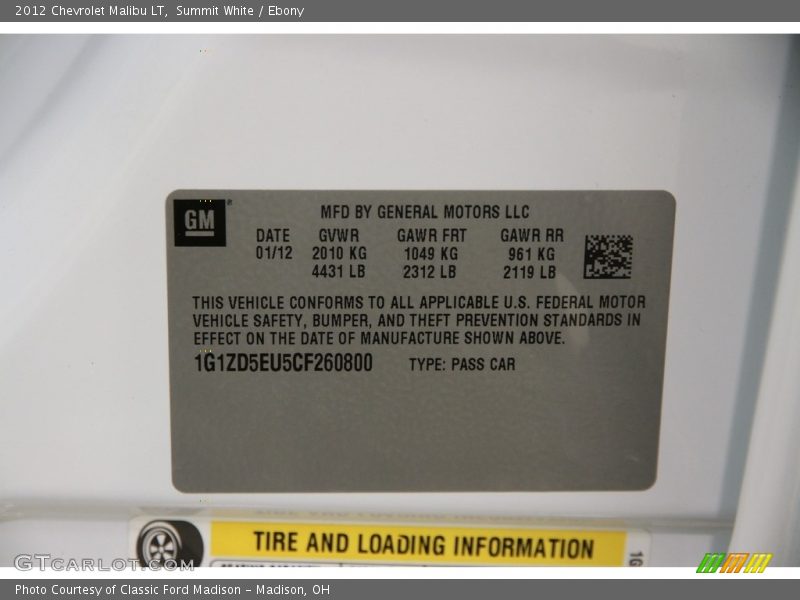 Summit White / Ebony 2012 Chevrolet Malibu LT