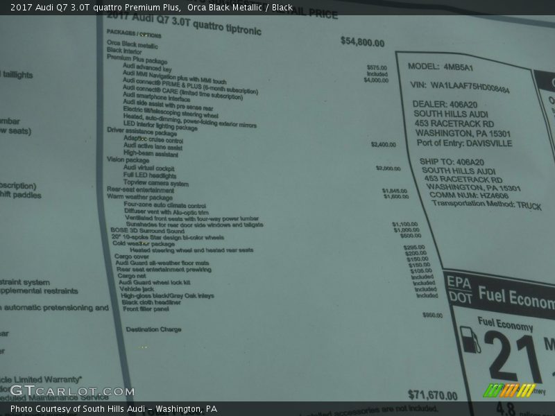 Orca Black Metallic / Black 2017 Audi Q7 3.0T quattro Premium Plus