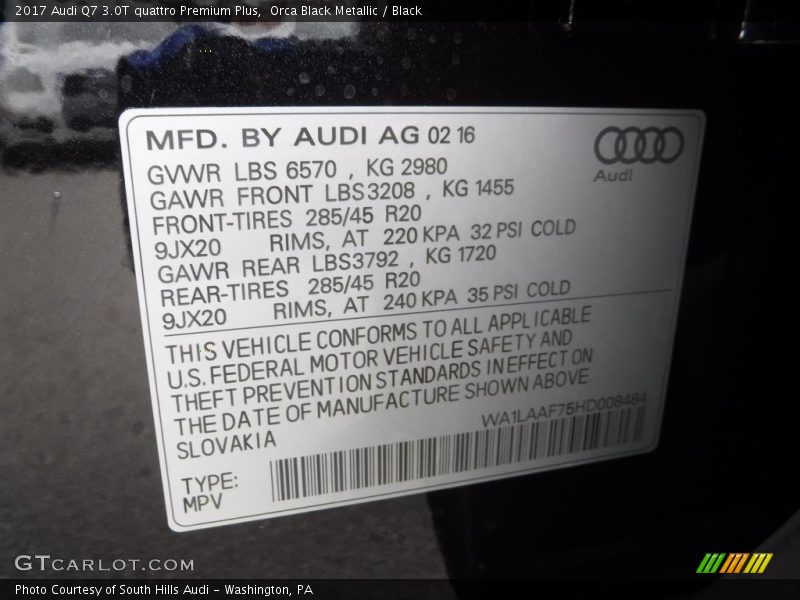 Orca Black Metallic / Black 2017 Audi Q7 3.0T quattro Premium Plus