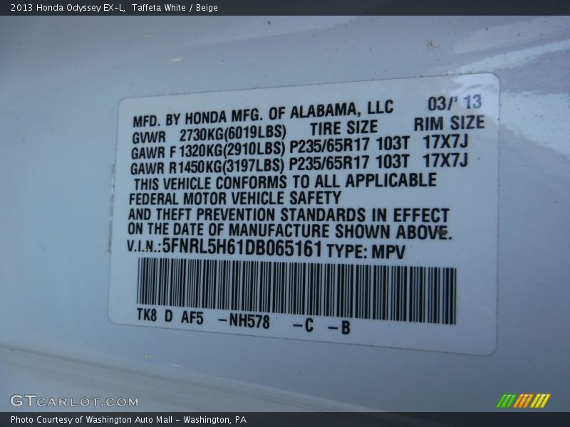 Taffeta White / Beige 2013 Honda Odyssey EX-L