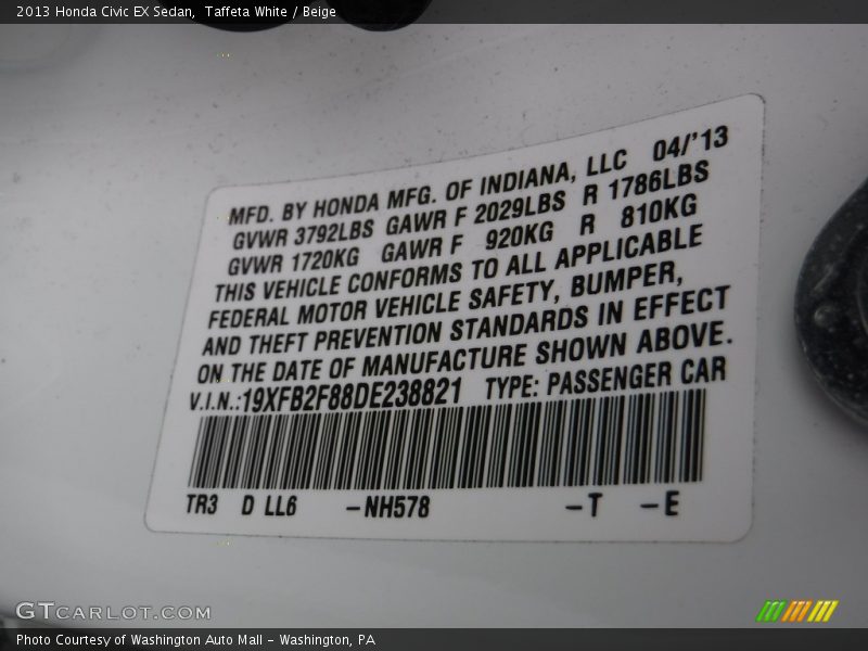 Taffeta White / Beige 2013 Honda Civic EX Sedan