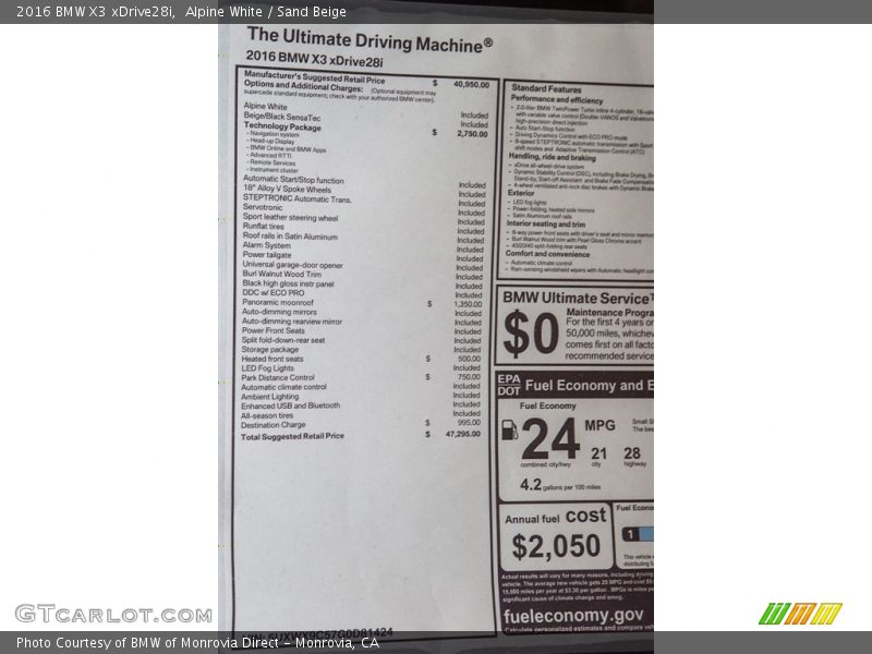Alpine White / Sand Beige 2016 BMW X3 xDrive28i