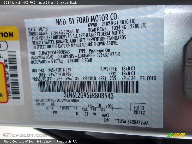 Ingot Silver / Charcoal Black 2014 Lincoln MKZ FWD