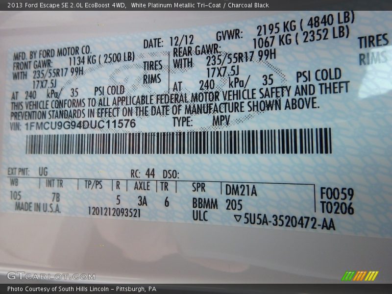 White Platinum Metallic Tri-Coat / Charcoal Black 2013 Ford Escape SE 2.0L EcoBoost 4WD