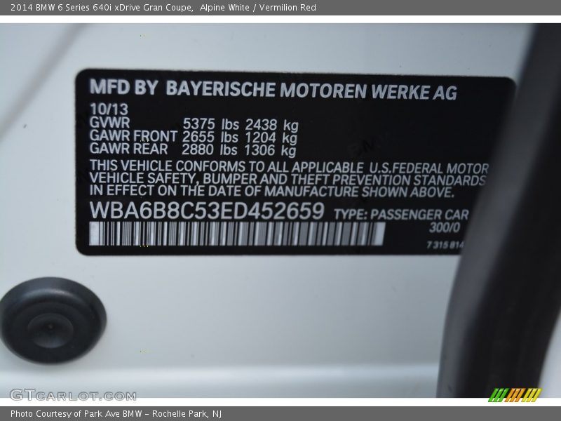 Alpine White / Vermilion Red 2014 BMW 6 Series 640i xDrive Gran Coupe