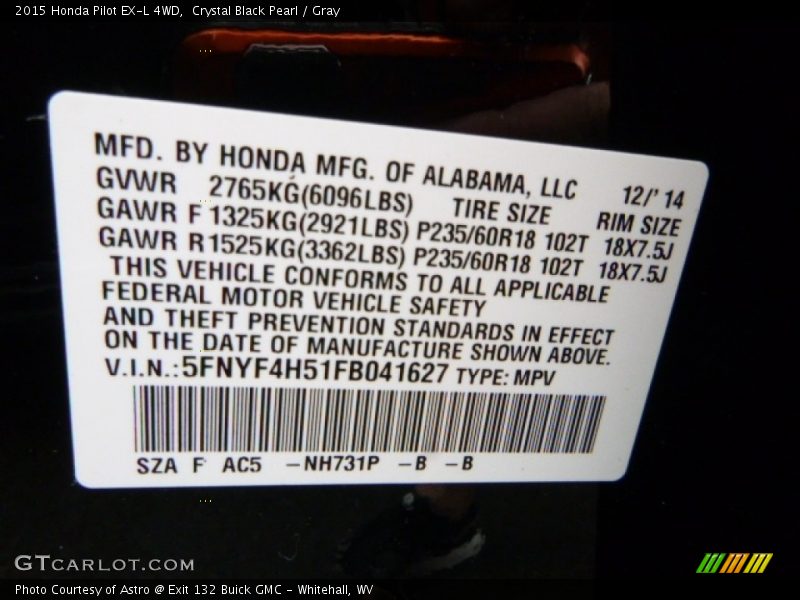Crystal Black Pearl / Gray 2015 Honda Pilot EX-L 4WD