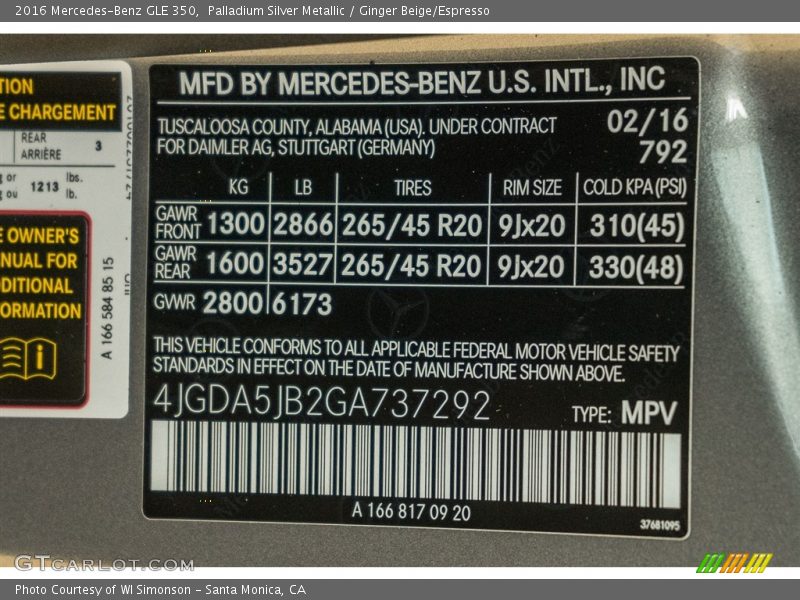 Palladium Silver Metallic / Ginger Beige/Espresso 2016 Mercedes-Benz GLE 350