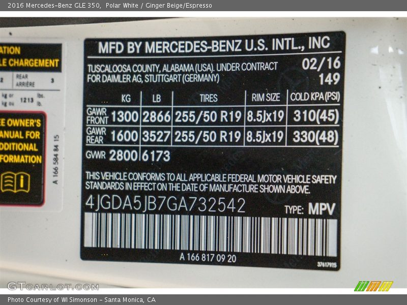Polar White / Ginger Beige/Espresso 2016 Mercedes-Benz GLE 350