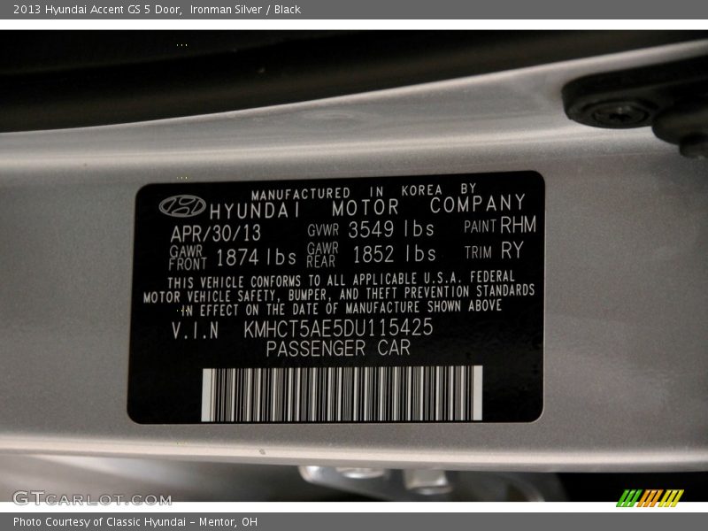 Ironman Silver / Black 2013 Hyundai Accent GS 5 Door