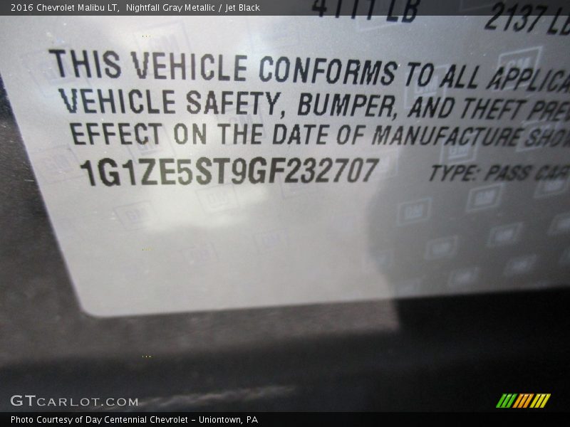 Nightfall Gray Metallic / Jet Black 2016 Chevrolet Malibu LT