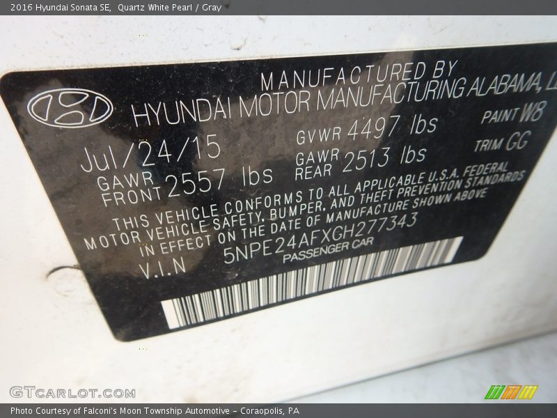 Quartz White Pearl / Gray 2016 Hyundai Sonata SE