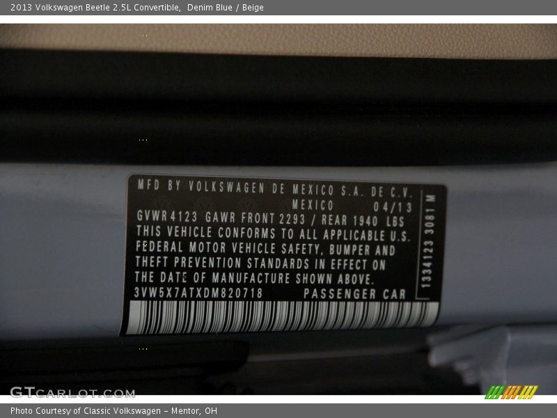 Denim Blue / Beige 2013 Volkswagen Beetle 2.5L Convertible