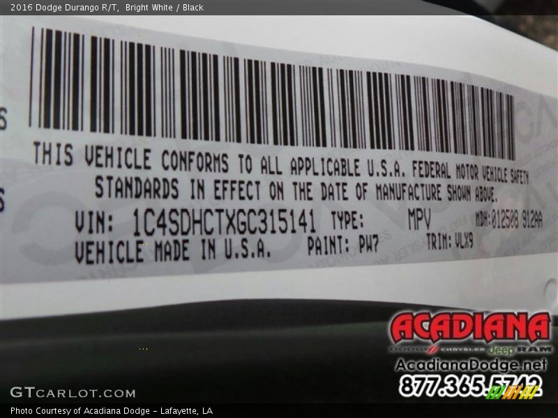 Bright White / Black 2016 Dodge Durango R/T