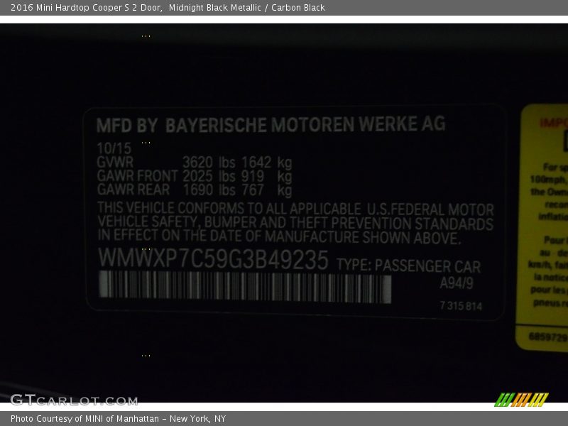 Midnight Black Metallic / Carbon Black 2016 Mini Hardtop Cooper S 2 Door