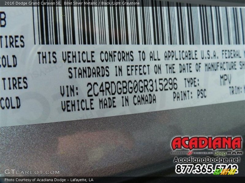 Billet Silver Metallic / Black/Light Graystone 2016 Dodge Grand Caravan SE