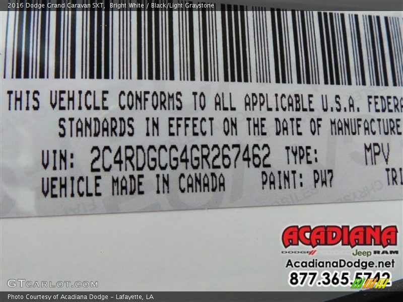 Bright White / Black/Light Graystone 2016 Dodge Grand Caravan SXT