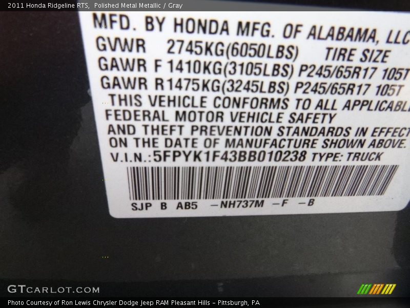 Polished Metal Metallic / Gray 2011 Honda Ridgeline RTS