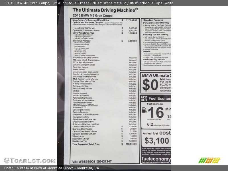  2016 M6 Gran Coupe Window Sticker