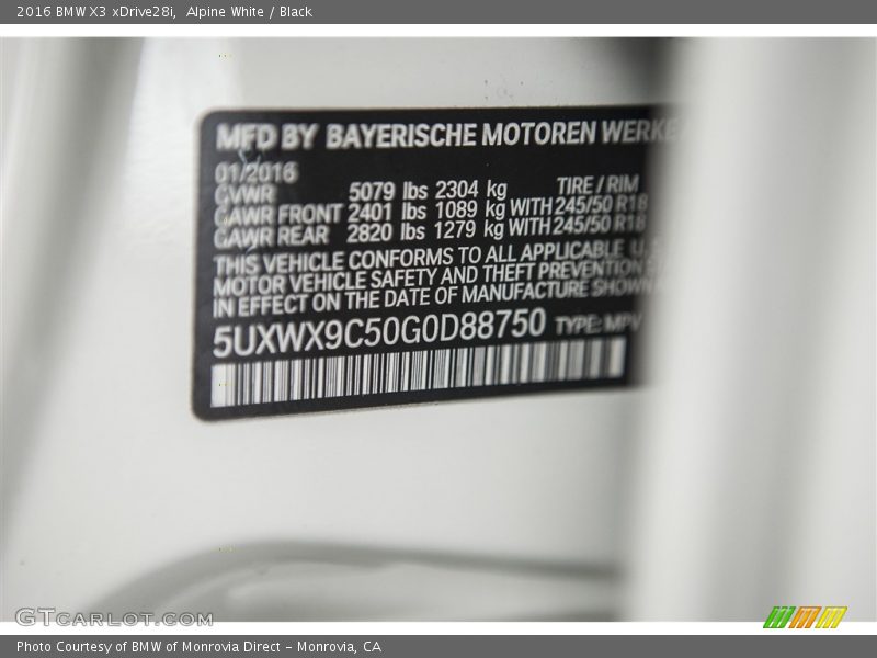 Alpine White / Black 2016 BMW X3 xDrive28i