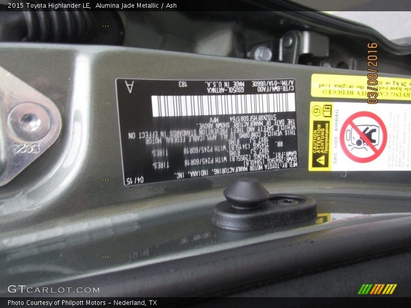 Alumina Jade Metallic / Ash 2015 Toyota Highlander LE