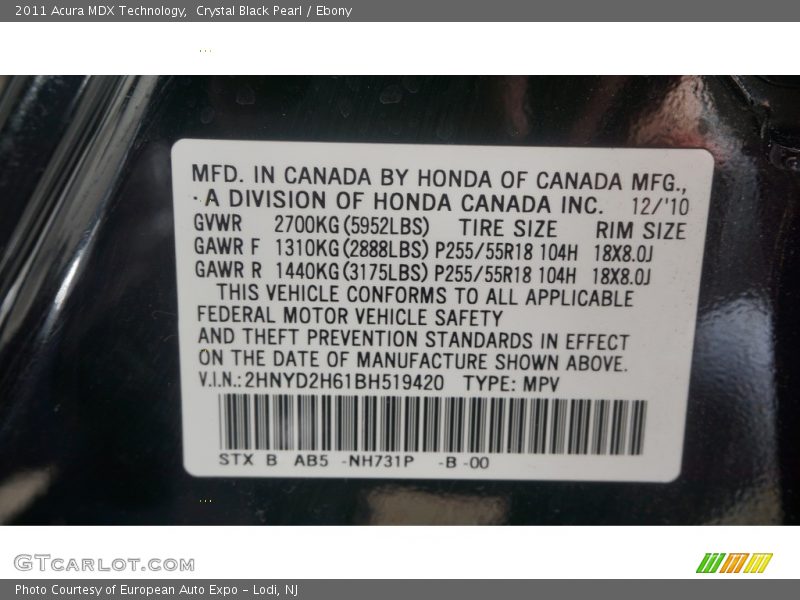 Crystal Black Pearl / Ebony 2011 Acura MDX Technology