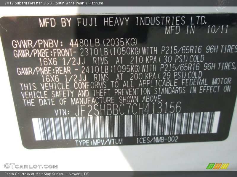 Satin White Pearl / Platinum 2012 Subaru Forester 2.5 X