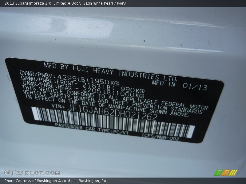 Satin White Pearl / Ivory 2013 Subaru Impreza 2.0i Limited 4 Door