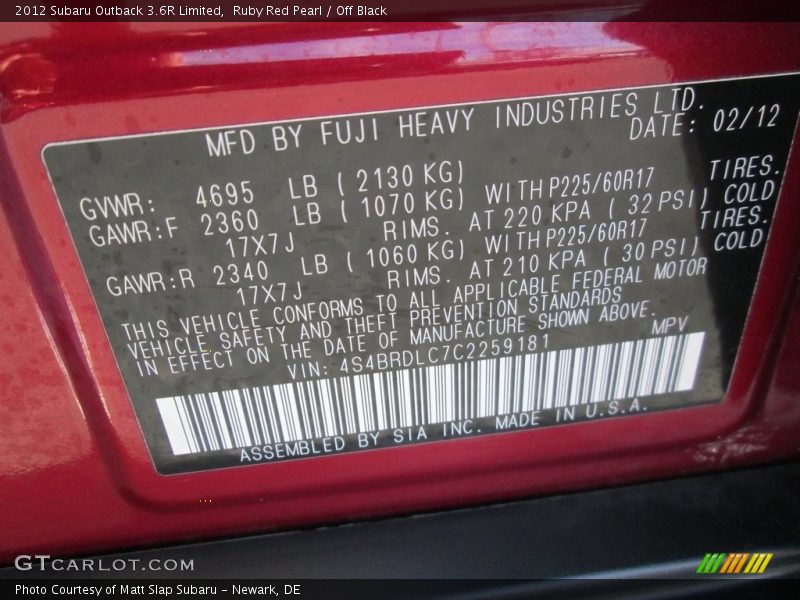 Ruby Red Pearl / Off Black 2012 Subaru Outback 3.6R Limited