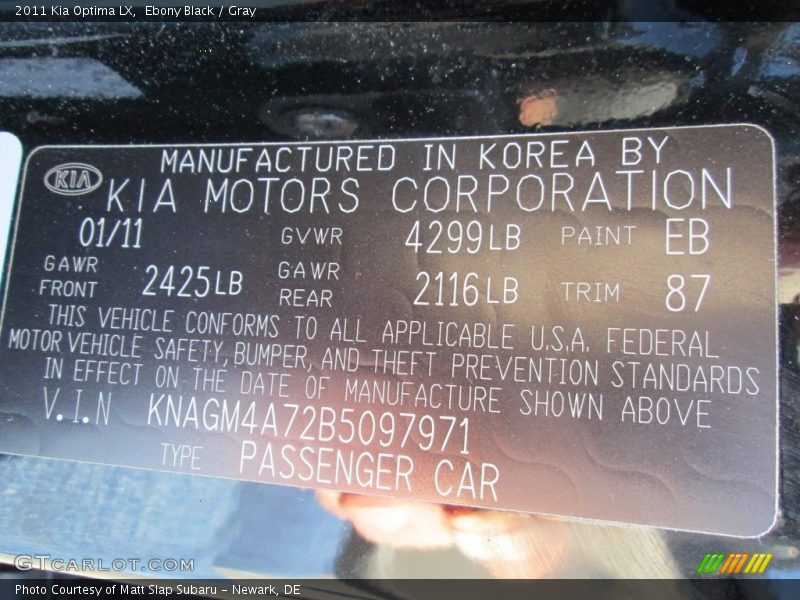 Ebony Black / Gray 2011 Kia Optima LX