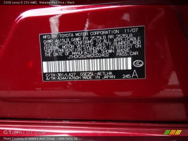 Matador Red Mica / Black 2008 Lexus IS 250 AWD