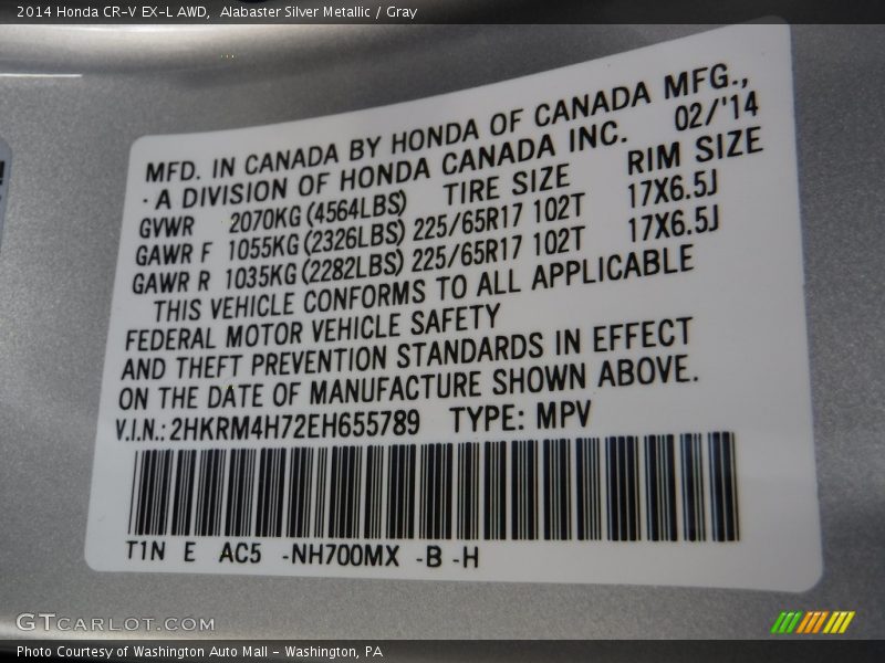 Alabaster Silver Metallic / Gray 2014 Honda CR-V EX-L AWD