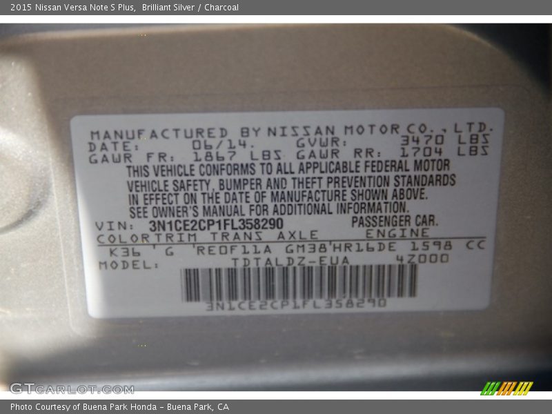 Brilliant Silver / Charcoal 2015 Nissan Versa Note S Plus