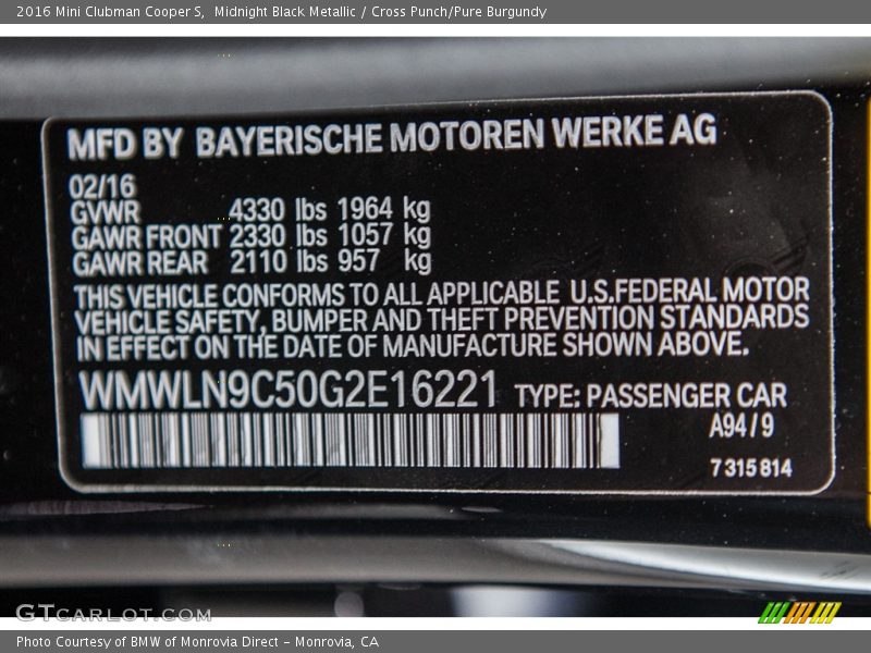 Midnight Black Metallic / Cross Punch/Pure Burgundy 2016 Mini Clubman Cooper S