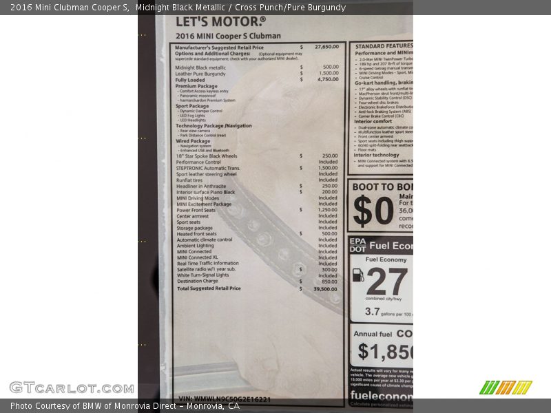Midnight Black Metallic / Cross Punch/Pure Burgundy 2016 Mini Clubman Cooper S