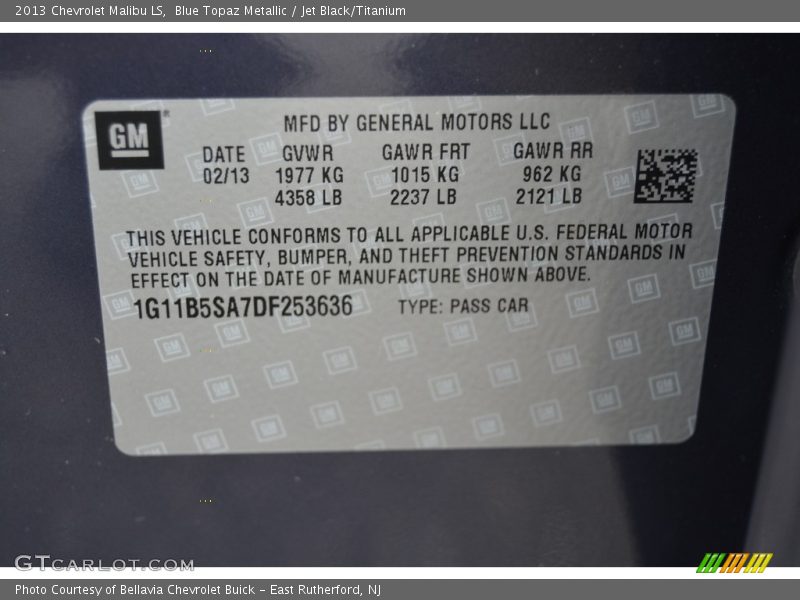 Blue Topaz Metallic / Jet Black/Titanium 2013 Chevrolet Malibu LS